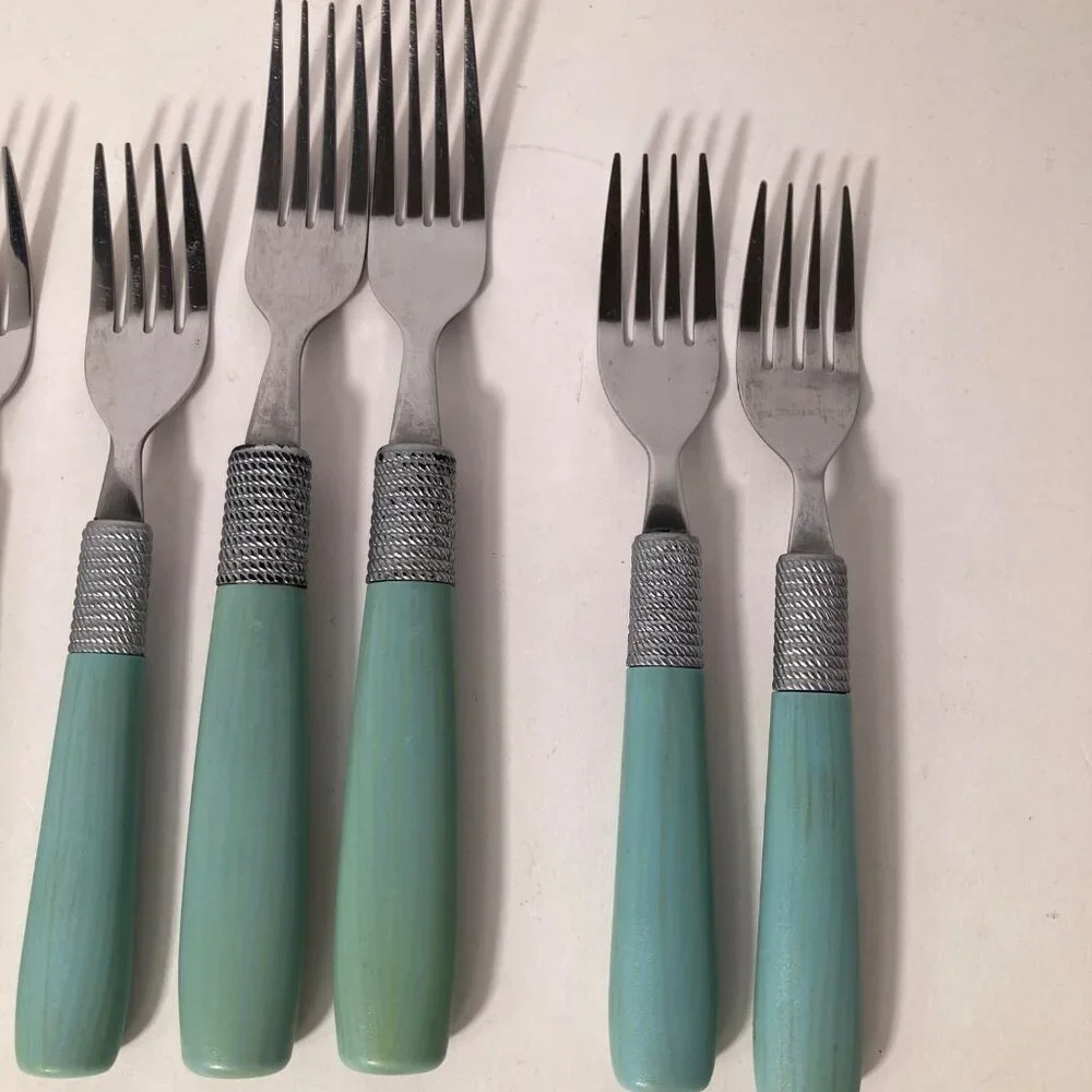 7‎ - Vintage Cambridge Forks Green Stainless Flatware Plastic Handle 7 or 8